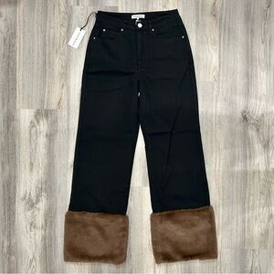 NWT We Wore What Black Denim Jeans Faux Fur Cuff Straight Leg High Rise Size 27